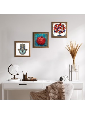 Pinecone Stone Nar Ağacı, Nar, Fatma Ana Eli (Hamsa) Ahşap Çerçeveli Taş Duvar Tablosu 3’lü Set – 25x25 cm Dekoratif Modern Sanat – Ev ve Ofis Dekoru |W3-20|