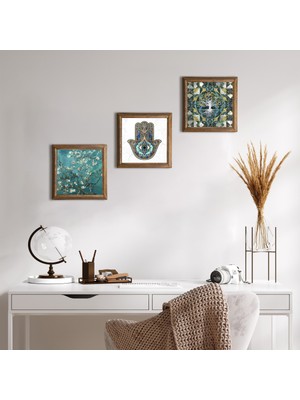 Pinecone Stone Hayat Ağacı, Van Gogh Badem Ağacı, Fatma Ana Eli (Hamsa) Ahşap Çerçeveli Taş Duvar Tablosu 3’lü Set – 25x25 cm Dekoratif Modern Sanat – Ev ve Ofis Dekoru |W3-203|
