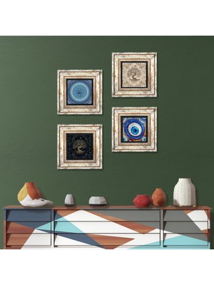 Pinecone Stone Nazar, Hayat Ağacı Çerçeveli Taş Duvar Tablosu 4’lü Set - Dekoratif Modern Sanat, Ev ve Ofis Dekoru |TK4-1572|