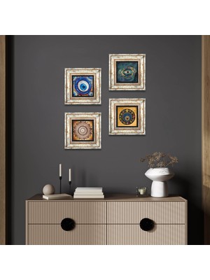 Pinecone Stone Mandala, Nazar Çerçeveli Taş Duvar Tablosu 4’lü Set - Dekoratif Modern Sanat, Ev ve Ofis Dekoru |TK4-1227|