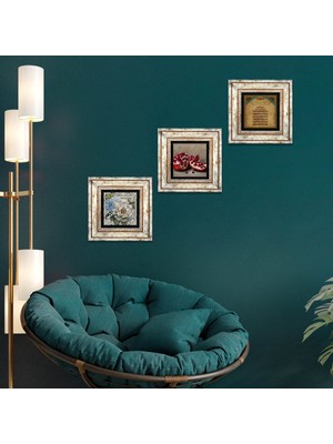Pinecone Stone Ayet-el Kürsi, Kelebekli Çiçek, Nar Çerçeveli Taş Duvar Tablosu 3’lü Set - Dekoratif Modern Sanat, Ev ve Ofis Dekoru |TK3-1149|
