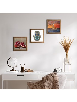 Pinecone Stone İstanbul Kız Kulesi, Nar, Fatma Ana Eli (Hamsa) Ahşap Çerçeveli Taş Duvar Tablosu 3’lü Set – 25x25 cm Dekoratif Modern Sanat – Ev ve Ofis Dekoru |W3-723|