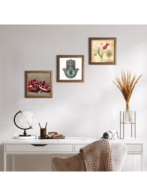 Pinecone Lale Ebru Sanatı, Nar, Fatma Ana Eli (Hamsa) Taş Duvar Tablosu Ahşap Çerçeveli Duvar Dekoru 3 Parça Tablo Seti Wall Art W3-737