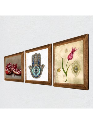 Pinecone Lale Ebru Sanatı, Nar, Fatma Ana Eli (Hamsa) Taş Duvar Tablosu Ahşap Çerçeveli Duvar Dekoru 3 Parça Tablo Seti Wall Art W3-737