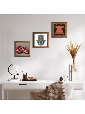 Pinecone Stone Hırka-i Şerif, Nar, Fatma Ana Eli (Hamsa) Ahşap Çerçeveli Taş Duvar Tablosu 3’lü Set – 25x25 cm Dekoratif Modern Sanat – Ev ve Ofis Dekoru |W3-754|