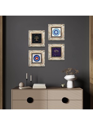 Pinecone Stone Nazar, Hayat Ağacı Çerçeveli Taş Duvar Tablosu 4’lü Set - Dekoratif Modern Sanat, Ev ve Ofis Dekoru |TK4-1174|