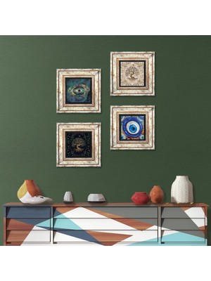 Pinecone Stone Nazar, Hayat Ağacı Çerçeveli Taş Duvar Tablosu 4’lü Set - Dekoratif Modern Sanat, Ev ve Ofis Dekoru |TK4-1574|