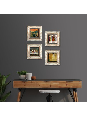 Pinecone Stone Gustav Klimt, Leonardo da Vinci, Çığlık, Yerli Kadınlar Çerçeveli Taş Duvar Tablosu 4’lü Set - Dekoratif Modern Sanat, Ev ve Ofis Dekoru |TK4-1749|