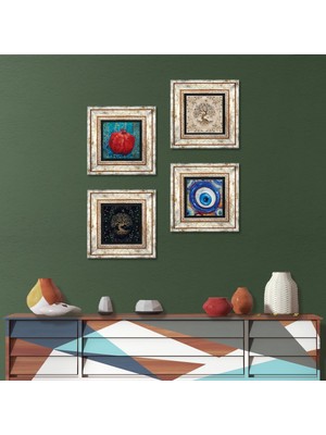 Pinecone Stone Nazar, Hayat Ağacı, Nar Çerçeveli Taş Duvar Tablosu 4’lü Set - Dekoratif Modern Sanat, Ev ve Ofis Dekoru |TK4-1548|