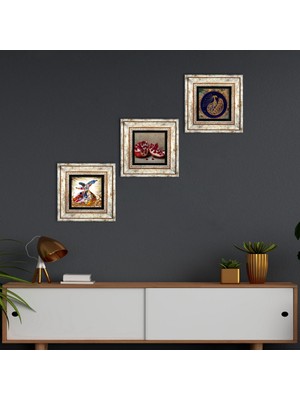 Pinecone Stone Tavus Kuşu, Semazen, Nar Çerçeveli Taş Duvar Tablosu 3’lü Set - Dekoratif Modern Sanat, Ev ve Ofis Dekoru |TK3-879|