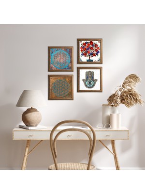 Pinecone Stone Yaşam Çiçeği, Nar Ağacı, Fatma Ana Eli (Hamsa) Ahşap Çerçeveli Taş Duvar Tablosu 4’lü Set – 25x25 cm Dekoratif Modern Sanat – Ev ve Ofis Dekoru |W4-401|