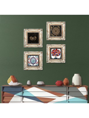 Pinecone Stone Horus'un Gözü, Sri Yantra, Çini Sanatı, Nar Ağacı Çerçeveli Taş Duvar Tablosu 4’lü Set - Dekoratif Modern Sanat, Ev ve Ofis Dekoru |TK4-287|