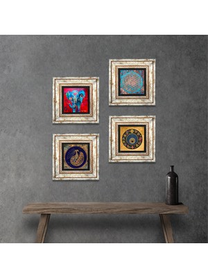 Pinecone Stone Fil, Yaşam Çiçeği, Tavus Kuşu, Nazar Çerçeveli Taş Duvar Tablosu 4’lü Set - Dekoratif Modern Sanat, Ev ve Ofis Dekoru |TK4-321|