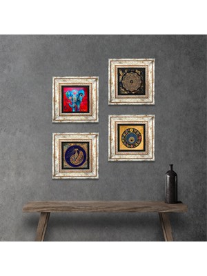 Pinecone Stone Fil, Sri Yantra, Tavus Kuşu, Nazar Çerçeveli Taş Duvar Tablosu 4’lü Set - Dekoratif Modern Sanat, Ev ve Ofis Dekoru |TK4-322|