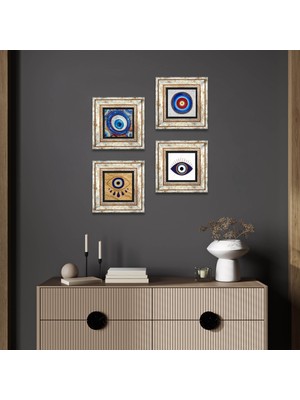 Pinecone Stone Nazar Çerçeveli Taş Duvar Tablosu 4’lü Set - Dekoratif Modern Sanat, Ev ve Ofis Dekoru |TK4-1241|