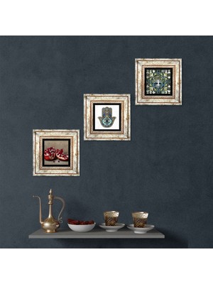 Pinecone Stone Hayat Ağacı, Nar, Fatma Ana Eli (Hamsa) Çerçeveli Taş Duvar Tablosu 3’lü Set - Dekoratif Modern Sanat, Ev ve Ofis Dekoru |TK3-201|