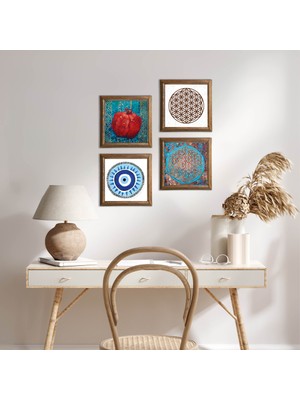 Pinecone Stone Nazar, Yaşam Çiçeği, Nar Ahşap Çerçeveli Taş Duvar Tablosu 4’lü Set – 25x25 cm Dekoratif Modern Sanat – Ev ve Ofis Dekoru |W4-829|