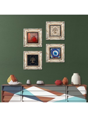 Pinecone Nazar, Nar, Hayat Ağacı Taş Duvar Tablosu Çerçeveli Duvar Dekoru 4 Parça Tablo Seti Wall Art T4-1554