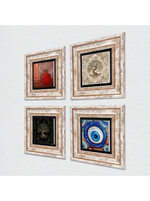 Pinecone Nazar, Nar, Hayat Ağacı Taş Duvar Tablosu Çerçeveli Duvar Dekoru 4 Parça Tablo Seti Wall Art T4-1554