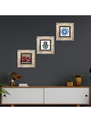 Pinecone Stone Nazar, Nar, Fatma Ana Eli (Hamsa) Çerçeveli Taş Duvar Tablosu 3’lü Set - Dekoratif Modern Sanat, Ev ve Ofis Dekoru |TK3-762|