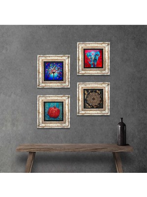 Pinecone Stone Fil, Sri Yantra, Hayat Ağacı, Nar Çerçeveli Taş Duvar Tablosu 4’lü Set - Dekoratif Modern Sanat, Ev ve Ofis Dekoru |TK4-864|