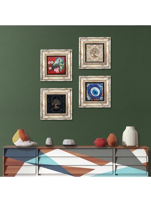 Pinecone Stone Nazar, Kuş, Hayat Ağacı Çerçeveli Taş Duvar Tablosu 4’lü Set - Dekoratif Modern Sanat, Ev ve Ofis Dekoru |TK4-1575|