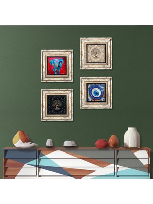 Pinecone Stone Nazar, Fil, Hayat Ağacı Çerçeveli Taş Duvar Tablosu 4’lü Set - Dekoratif Modern Sanat, Ev ve Ofis Dekoru |TK4-1576|