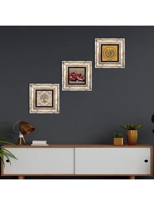 Pinecone Felak Suresi, Hayat Ağacı, Nar Taş Duvar Tablosu Çerçeveli Duvar Dekoru 3 Parça Tablo Seti Wall Art T3-948