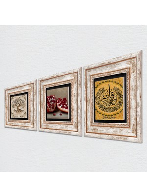 Pinecone Felak Suresi, Hayat Ağacı, Nar Taş Duvar Tablosu Çerçeveli Duvar Dekoru 3 Parça Tablo Seti Wall Art T3-948