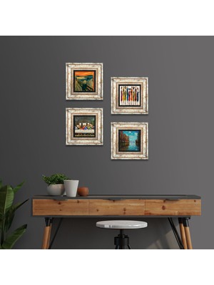 Pinecone Stone Leonardo da Vinci, Claude Monet, Çığlık, Yerli Kadınlar Çerçeveli Taş Duvar Tablosu 4’lü Set - Dekoratif Modern Sanat, Ev ve Ofis Dekoru |TK4-1748|