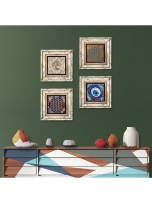 Pinecone Stone Nazar, Yaşam Çiçeği, Hayat Ağacı Çerçeveli Taş Duvar Tablosu 4’lü Set - Dekoratif Modern Sanat, Ev ve Ofis Dekoru |TK4-1584|