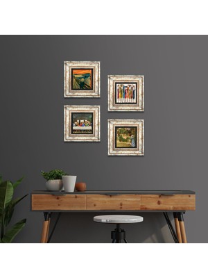 Pinecone Stone Leonardo da Vinci, Claude Monet, Çığlık, Yerli Kadınlar Çerçeveli Taş Duvar Tablosu 4’lü Set - Dekoratif Modern Sanat, Ev ve Ofis Dekoru |TK4-1746|