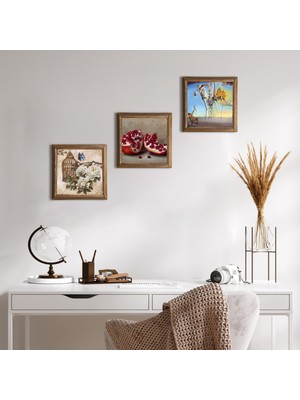 Pinecone Stone Salvador Dalí, Kelebekli Çiçek, Nar Ahşap Çerçeveli Taş Duvar Tablosu 3’lü Set – 25x25 cm Dekoratif Modern Sanat – Ev ve Ofis Dekoru |W3-1121|