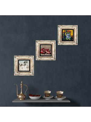 Pinecone Stone Picasso Ağlayan Kadın, Leonardo da Vinci At Heykeli, Nar Çerçeveli Taş Duvar Tablosu 3’lü Set - Dekoratif Modern Sanat, Ev ve Ofis Dekoru |TK3-1348|