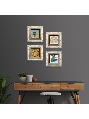 Pinecone Stone Şems Suresi, Kabe-i Muazzama, Semazen, Mührü Şerif Çerçeveli Taş Duvar Tablosu 4’lü Set - Dekoratif Modern Sanat, Ev ve Ofis Dekoru |TK4-1921|