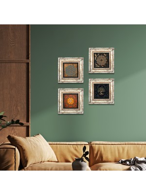 Pinecone Stone Yaşam Çiçeği, Sri Yantra, Hayat Ağacı Çerçeveli Taş Duvar Tablosu 4’lü Set - Dekoratif Modern Sanat, Ev ve Ofis Dekoru |TK4-518|