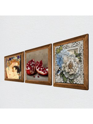 Pinecone Gustav Klimt Anne Çocuk, Kelebekli Çiçek, Nar Taş Duvar Tablosu Ahşap Çerçeveli Duvar Dekoru 3 Parça Tablo Seti Wall Art W3-1133