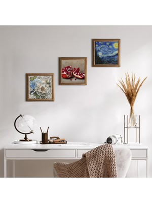 Pinecone Stone Van Gogh Yıldızlı Gece, Kelebekli Çiçek, Nar Ahşap Çerçeveli Taş Duvar Tablosu 3’lü Set – 25x25 cm Dekoratif Modern Sanat – Ev ve Ofis Dekoru |W3-1138|