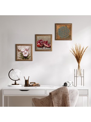 Pinecone Stone Yaşam Çiçeği, Kelebekli Çiçek, Nar Ahşap Çerçeveli Taş Duvar Tablosu 3’lü Set – 25x25 cm Dekoratif Modern Sanat – Ev ve Ofis Dekoru |W3-1281|