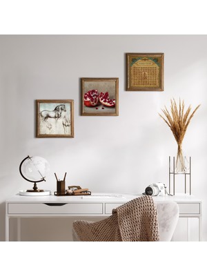 Pinecone Stone Esma'ül Hüsna, Nar, At Ahşap Çerçeveli Taş Duvar Tablosu 3’lü Set – 25x25 cm Dekoratif Modern Sanat – Ev ve Ofis Dekoru |W3-1304|