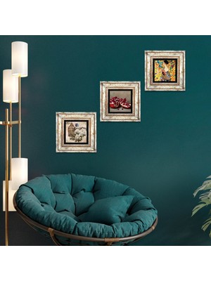 Pinecone Stone Gustav Klimt Yelpazeli Kadın, Kelebekli Çiçek, Nar Çerçeveli Taş Duvar Tablosu 3’lü Set - Dekoratif Modern Sanat, Ev ve Ofis Dekoru |TK3-1113|