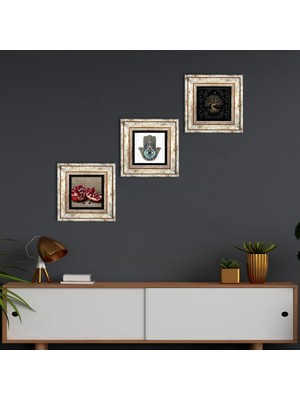 Pinecone Stone Hayat Ağacı, Nar, Fatma Ana Eli (Hamsa) Çerçeveli Taş Duvar Tablosu 3’lü Set - Dekoratif Modern Sanat, Ev ve Ofis Dekoru |TK3-739|