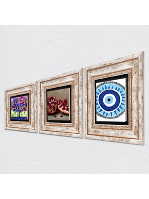 Pinecone Nazar, Hayat Ağacı, Nar Taş Duvar Tablosu Çerçeveli Duvar Dekoru 3 Parça Tablo Seti Wall Art T3-1066