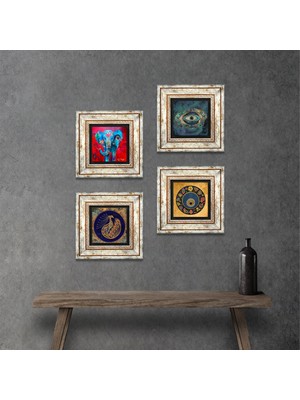Pinecone Stone Fil, Tavus Kuşu, Nazar Çerçeveli Taş Duvar Tablosu 4’lü Set - Dekoratif Modern Sanat, Ev ve Ofis Dekoru |TK4-332|