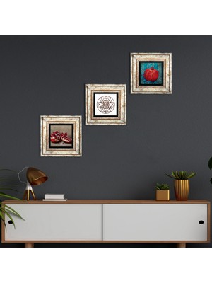 Pinecone Stone Sri Yantra, Nar Çerçeveli Taş Duvar Tablosu 3’lü Set - Dekoratif Modern Sanat, Ev ve Ofis Dekoru |TK3-817|
