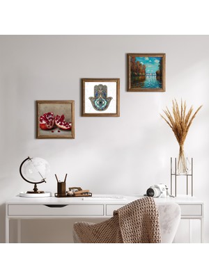 Pinecone Stone Claude Monet Sonbahar, Nar, Fatma Ana Eli (Hamsa) Ahşap Çerçeveli Taş Duvar Tablosu 3’lü Set – 25x25 cm Dekoratif Modern Sanat – Ev ve Ofis Dekoru |W3-765|