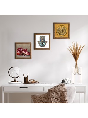 Pinecone Stone Felak Suresi, Nar, Fatma Ana Eli (Hamsa) Ahşap Çerçeveli Taş Duvar Tablosu 3’lü Set – 25x25 cm Dekoratif Modern Sanat – Ev ve Ofis Dekoru |W3-766|