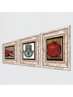 Pinecone Bereket Duası, Nar, Fatma Ana Eli (Hamsa) Taş Duvar Tablosu Çerçeveli Duvar Dekoru 3 Parça Tablo Seti Wall Art T3-715