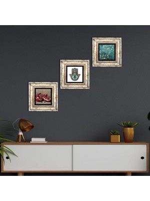 Pinecone Stone Van Gogh Badem Ağacı, Nar, Fatma Ana Eli (Hamsa) Çerçeveli Taş Duvar Tablosu 3’lü Set - Dekoratif Modern Sanat, Ev ve Ofis Dekoru |TK3-717|