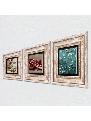 Pinecone Van Gogh Badem Ağacı, Kelebekli Çiçek, Nar Taş Duvar Tablosu Çerçeveli Duvar Dekoru 3 Parça Tablo Seti Wall Art T3-1083